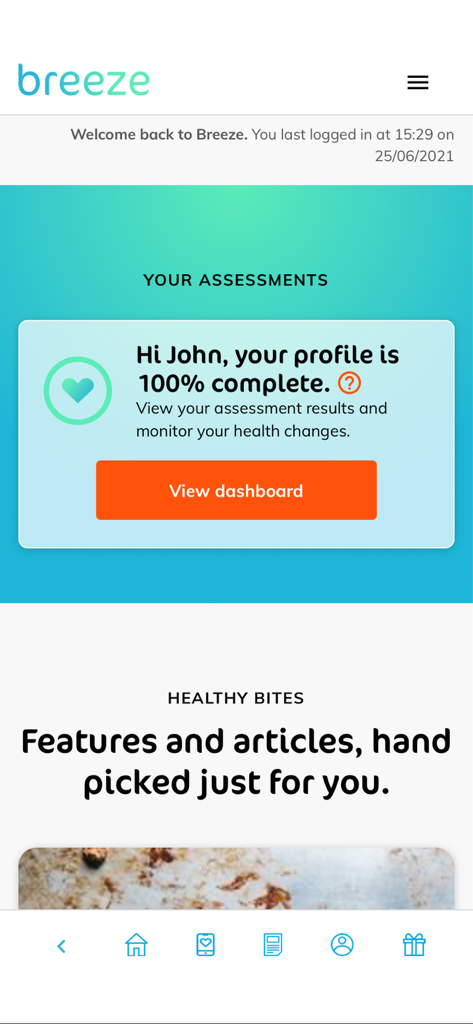 Breeze: Health & Wellbeing - Breeze app dashboard screen showing health assessment completion and healthy bites features