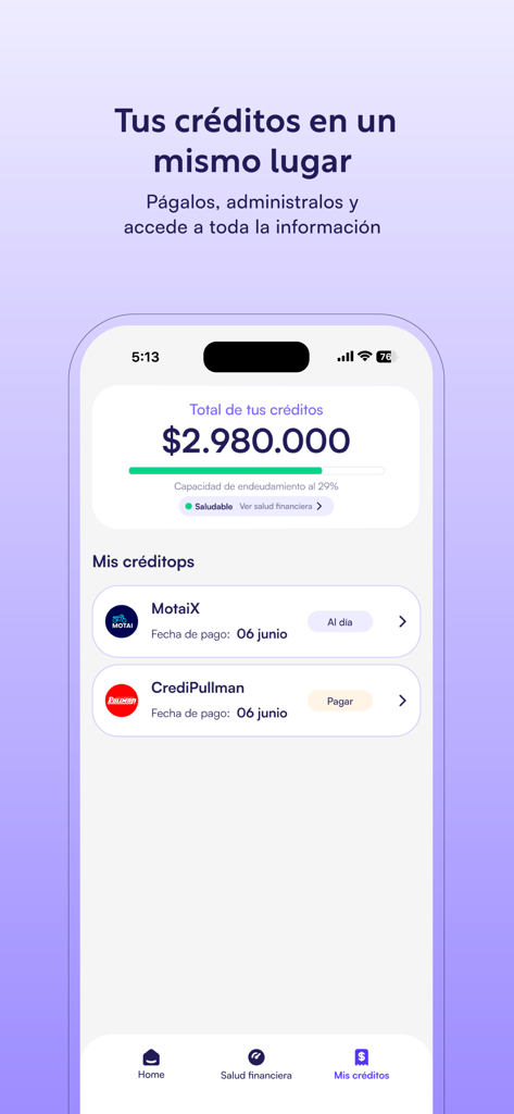 Creditop - Interfaz de la app móvil Creditop que muestra un panel consolidado de préstamos de crédito activos y el estado de gestión de deudas