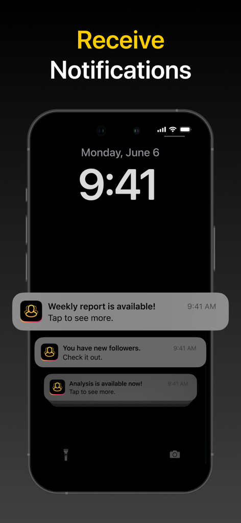 Tela de bloqueio do smartphone mostrando notificações de relatórios de mídia social e novos seguidores.
