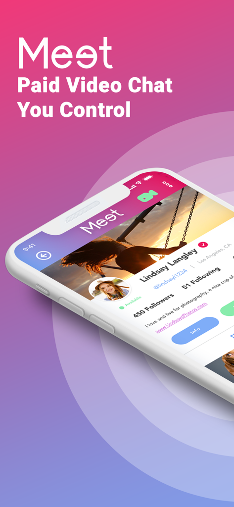 Meet - Una pantalla de smartphone que muestra la aplicación Meet con un perfil profesional y el texto Videollamada Pagada Bajo Tu Control.