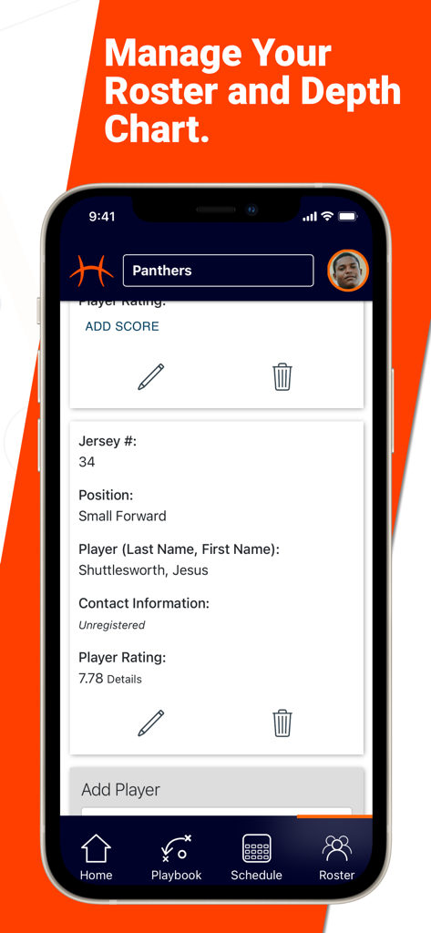 Hoops Lab - Pantalla de la aplicación móvil Hoops Lab mostrando una plantilla de equipo de baloncesto y detalles del perfil del jugador.