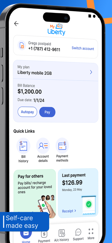 My Liberty App - Dashboard of My Liberty App showing account balance and bill payment options on a mobile device.
