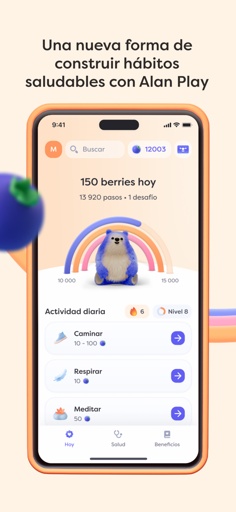 Alan España Seguro de Salud - 걷기 및 명상과 같은 일상 활동을 보여주는 Alan Play 게임화된 웰빙 추적기를 보여주는 모바일 화면