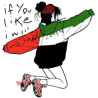 realistic girl jumping with a bun and oversized sweatshirt