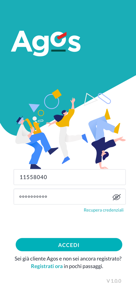 Schermata di accesso dell'app finanziaria Agos con campi per le credenziali e illustrazioni del brand