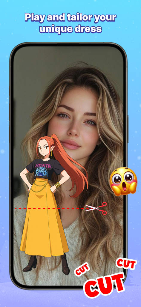 Screenshot der Funny Filter Challenge App, der einen AR-Filter zum Anpassen eines Kleides an einer Anime-Figur zeigt