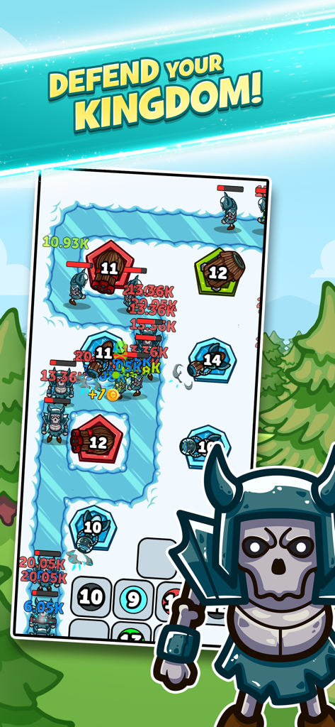 Strategic tower defense gameplay in Merge Kingdoms showing various towers attacking waves of skeleton enemies on a snowy path.