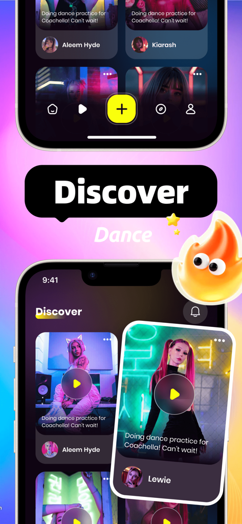 Jivn: Video, Share Fun - Jivin app Discover screen featuring trending dance videos and creator profiles