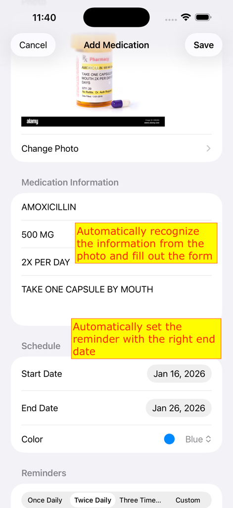 MedSnap - Snap It, Track It - MedSnap interface showing automatic extraction of medication details and reminders from a scanned prescription bottle