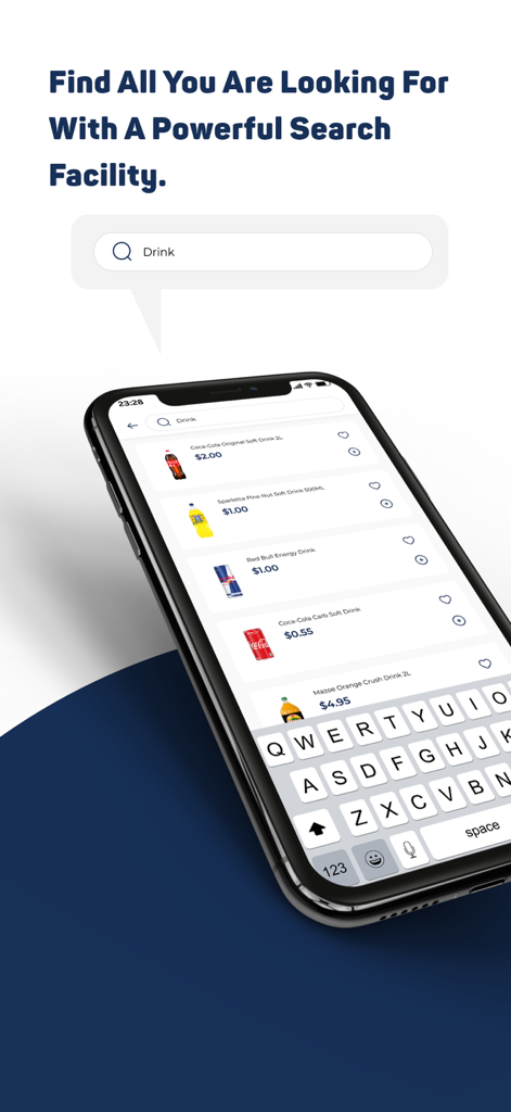 Pantalla de búsqueda de la aplicación móvil TM PnP mostrando resultados de bebidas