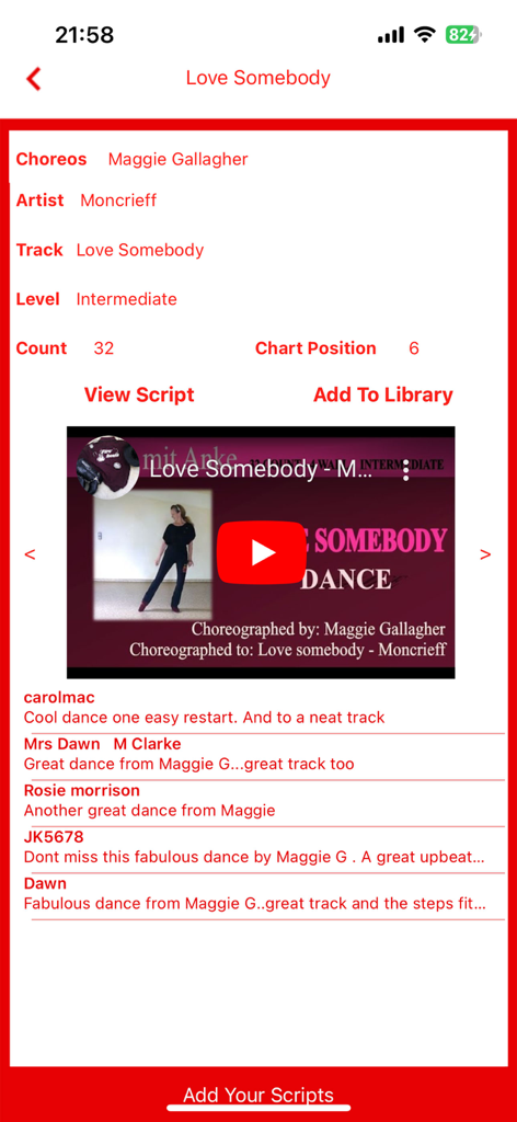 Linedancer - Linedancer app interface displaying dance details video tutorial and user reviews for a choreography script
