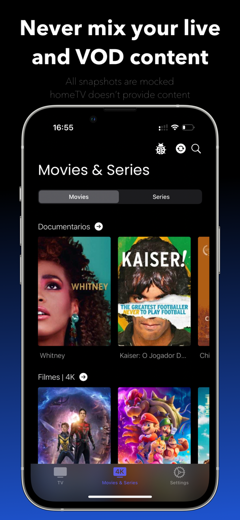 Interfaz de homeTV IPTV Player mostrando contenido VOD organizado para películas y series en iPhone.
