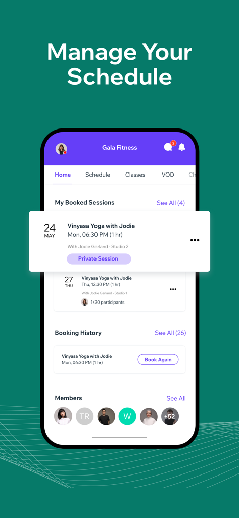 Fit by Wix - Interfaz de la aplicación móvil Fit by Wix que muestra un horario de fitness gestionado con una sesión de yoga vinyasa reservada y una lista de miembros.