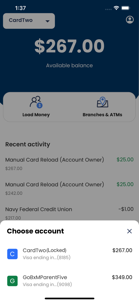 Navy Federal GO Prepaid app dashboard displaying available balance and a choose account selection menu