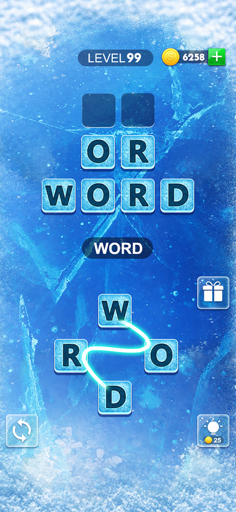 Word Charm gameplay screenshot showing level 99 with an ice theme background and a player swiping letters to form the word WORD