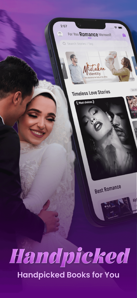Read4Fun-Romance Stories - Pantalla de la aplicación móvil mostrando historias románticas seleccionadas y portadas de libros en Read4Fun