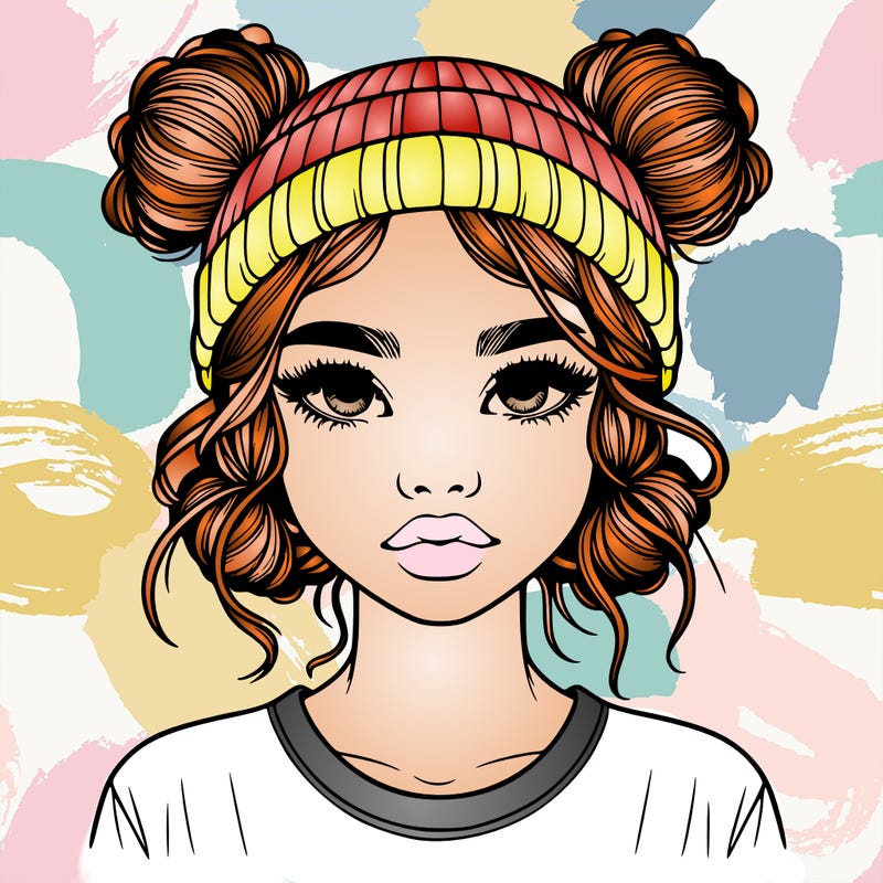 realistic girl with buns in her hair with a beanie on