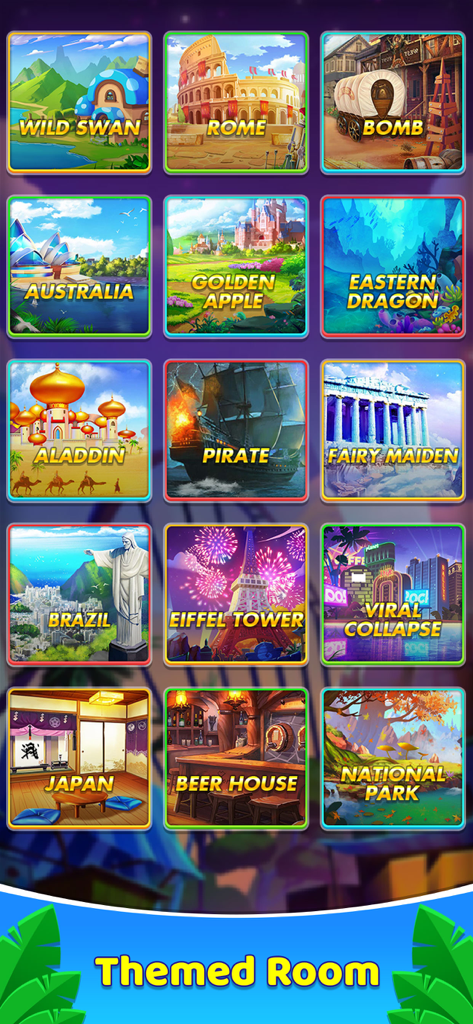 Bingo 365 - 2026 Bingo Games - Ein Raster verschiedener Bingo-Räume mit Weltthemen, darunter Rom, Australien und Brasilien in der Bingo 365 Mobile App