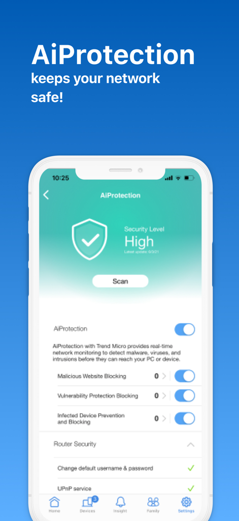 ASUS Router - Schermata AiProtection dell'app ASUS Router che mostra un alto livello di sicurezza e opzioni di sicurezza della rete