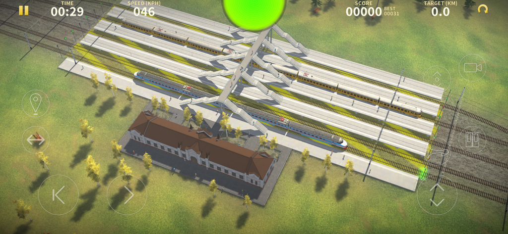 Electric Trains - Birds-eye view of a train station with several passenger trains on tracks in Electric Trains simulation game