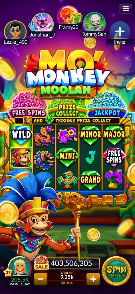 Mo Monkey Moolah virtual slot machine interface with social player avatars in Jackpot Magic Slots