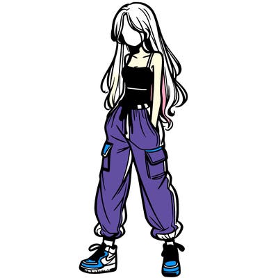girl in baggy pants crop top and long hair