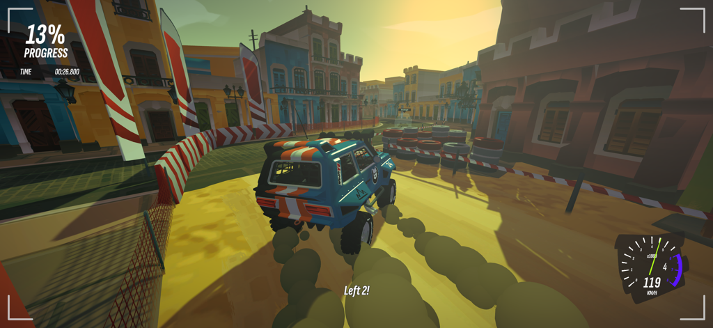 #DRIVE Rally - Un coche de rally azul y naranja compitiendo por una calle urbana colorida en el juego DRIVE Rally.