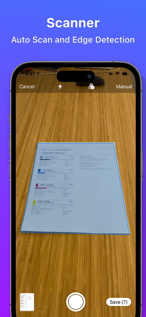 MaxVault - Photo & Video Vault - MaxVault app document scanner interface showing auto scan and edge detection of a document
