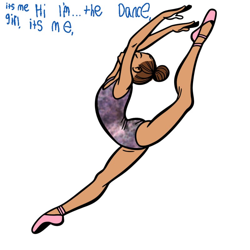 gymnast doing a leap in a leotard with a bent back leg