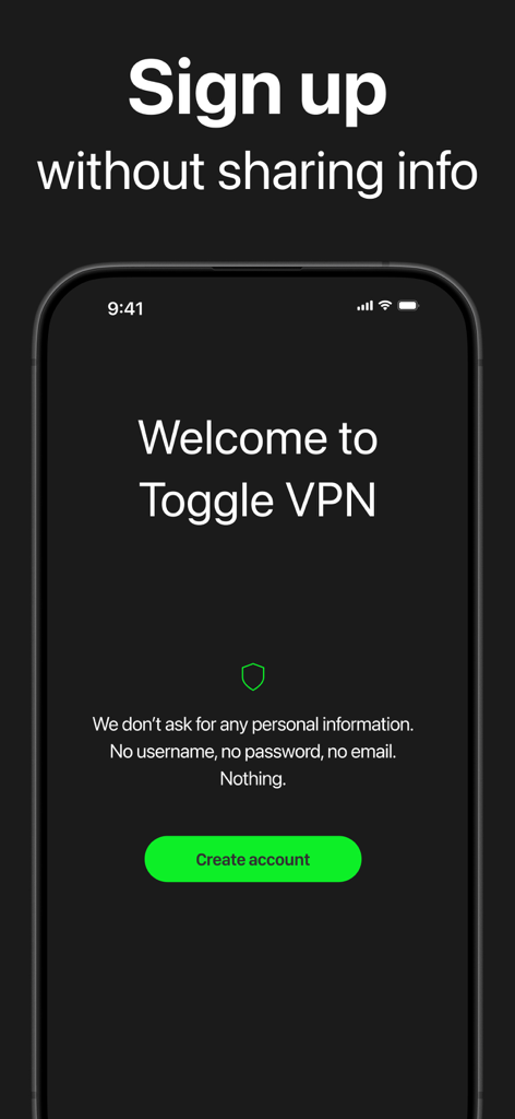 Toggle VPN mobile app screenshot showing anonymous account creation with no personal info required