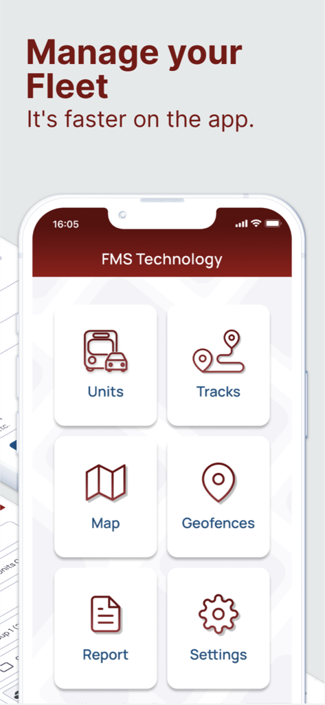FMS Technology - Dashboard dell'app mobile FMS Technology con icone di navigazione per unità, tracce, mappe e report