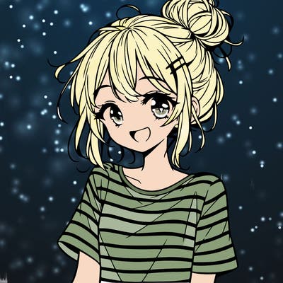anime girl teenager striped shirt and smile and messy bun