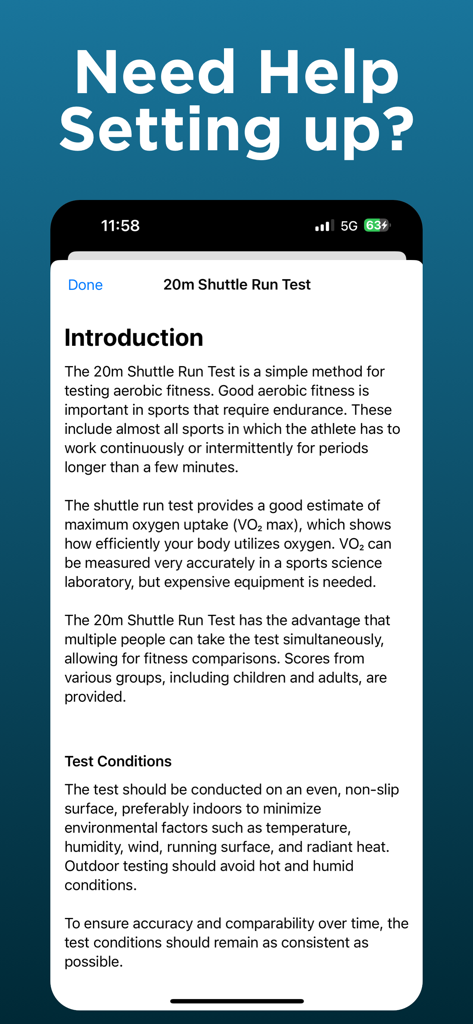 Beep Test for VO2 Max - A screen showing the introduction and conditions for the 20m shuttle run test