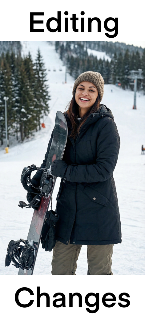 AI Photo Editing - A smiling woman holding a snowboard on a snowy mountain with Editing Changes text overlay