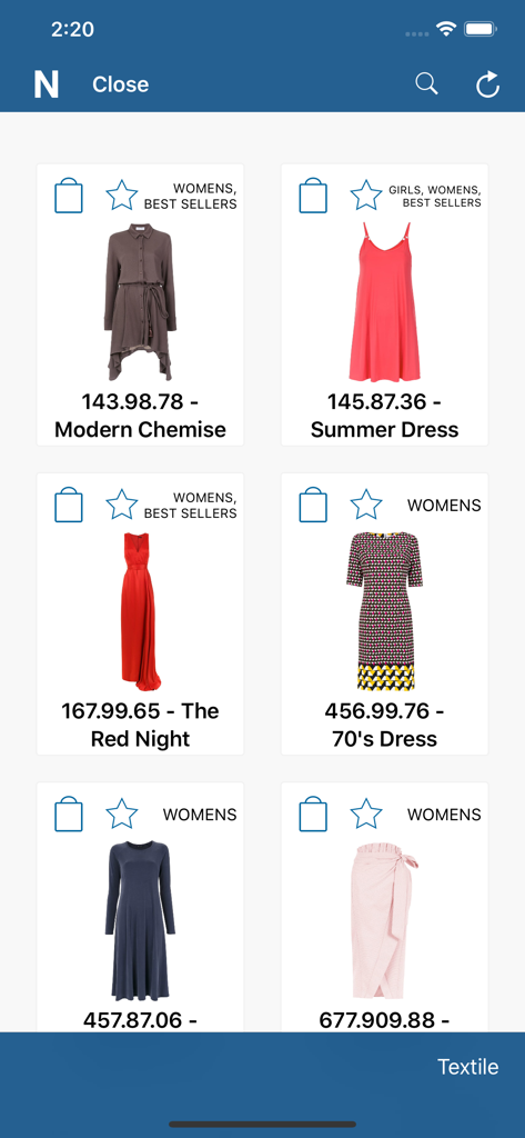 Negotti - Interface móvel do aplicativo Negotti exibindo um catálogo digital de roupas para representantes de vendas B2B.