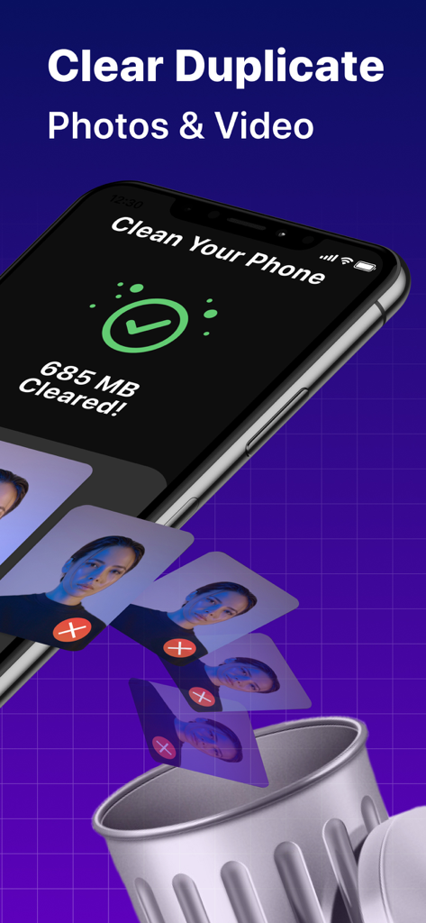 iPhone app interface showing 685MB cleared by removing duplicate photos into a trash bin