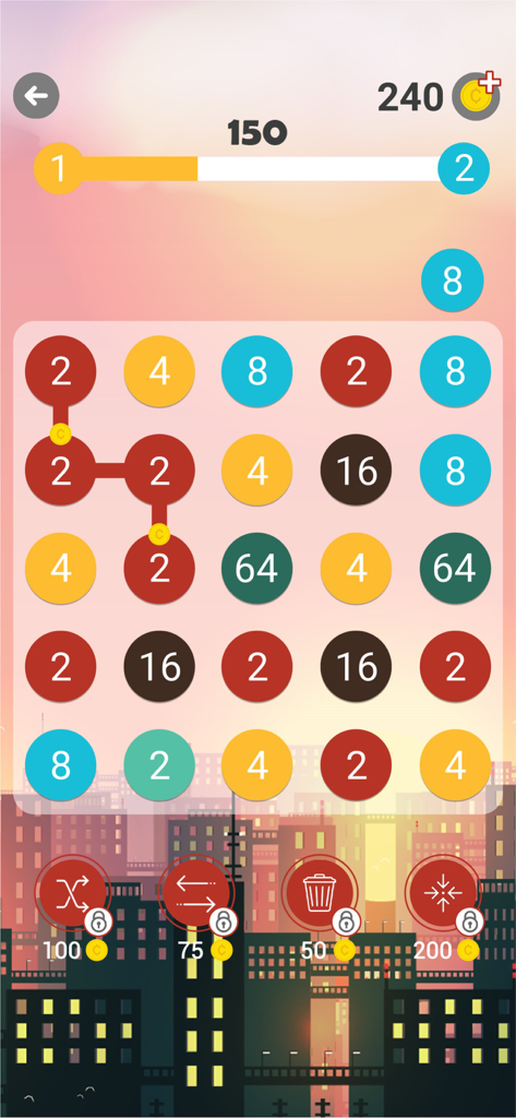Pantalla de jugabilidad de 248 Number Connect que muestra puntos numéricos conectados en un fondo minimalista de horizonte urbano