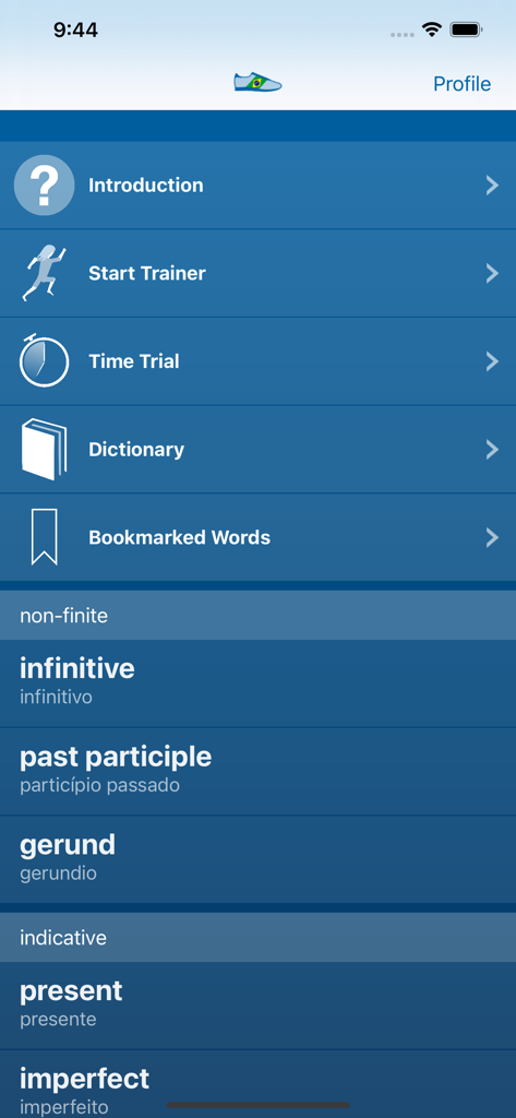 Portuguese Verbs Trainer - Main menu of the Portuguese Verbs Trainer app showing study categories and verb tenses