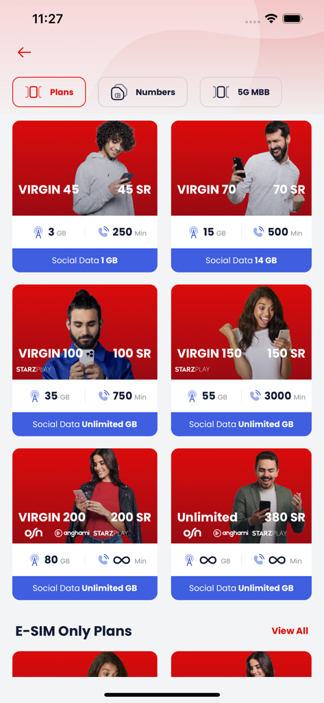 Virgin Mobile KSA - A display of customizable mobile plans within the Virgin Mobile KSA app