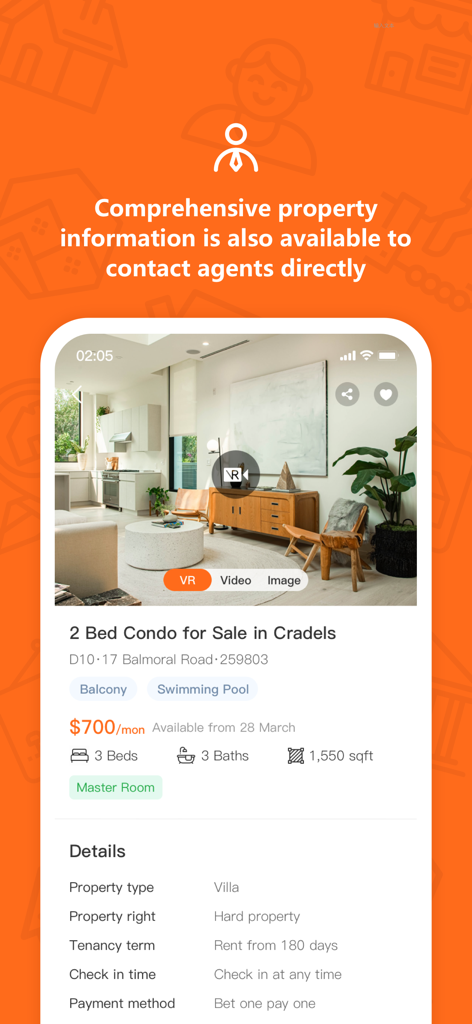 Compass Home - Compass Home app screenshot showing a property listing for a 2 bedroom condo in Singapore with details and VR tour features