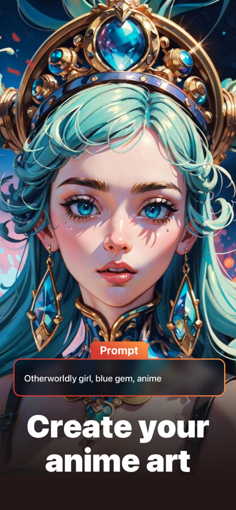 Chica anime generada por IA con cabello azul y gemas creada usando una indicación de texto