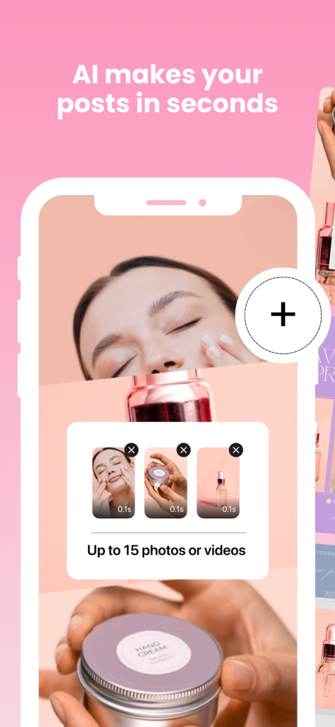 Reels & Story Maker: Storybeat - 複数の写真や動画からAIソーシャルメディア投稿を作成する機能を示すStorybeatアプリのインターフェース。