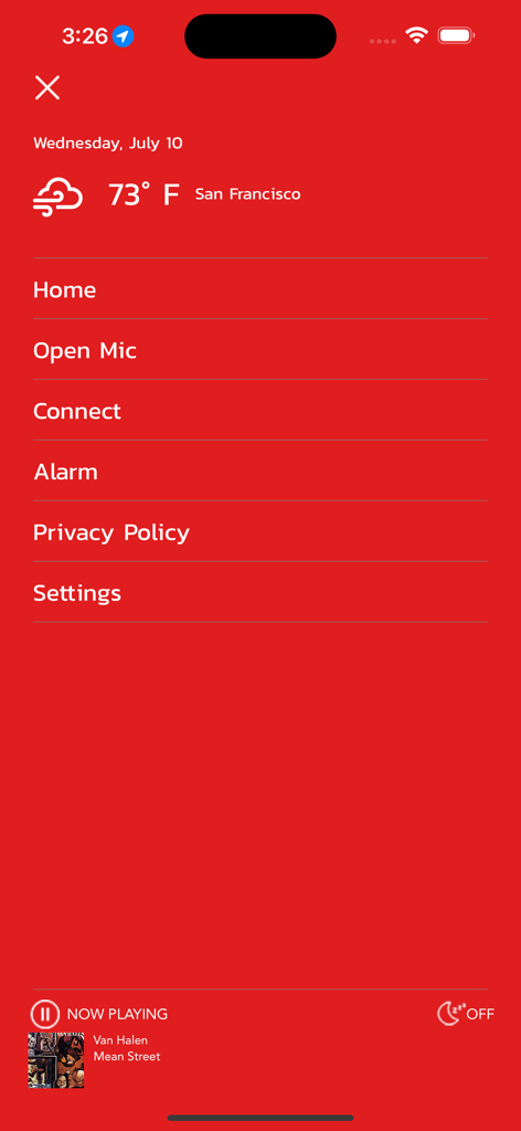 The Rock Channel - The Rock Channel mobile app navigation menu featuring options for home, open mic, alarm, and settings with a now playing bar at the bottom.