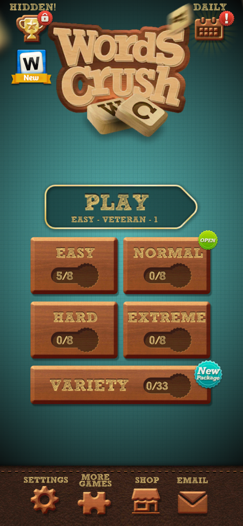 Words Crush: Hidden Words! - Main menu screen of the Words Crush word search game showing different game modes like Easy, Normal, Hard, and Extreme.