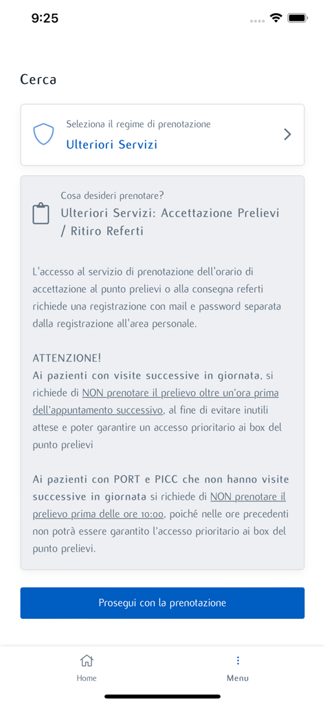 Schermata dell'app mobile My IEO per la prenotazione di esami del sangue e il ritiro dei referti medici.