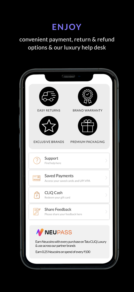 Tata CLiQ Luxury app screen displaying customer support payment options and the NeuPass rewards program.