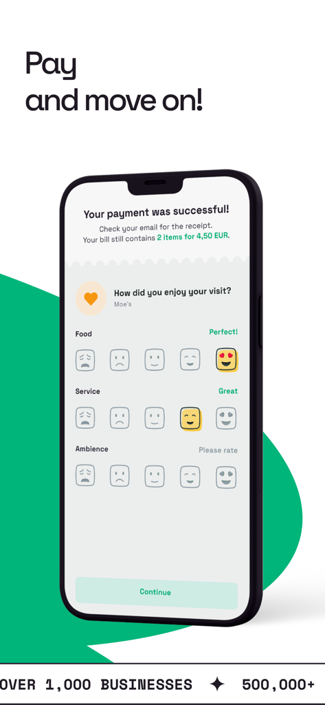 Qerko - A smartphone showing the Qerko app successful payment screen with restaurant rating options for food service and ambience