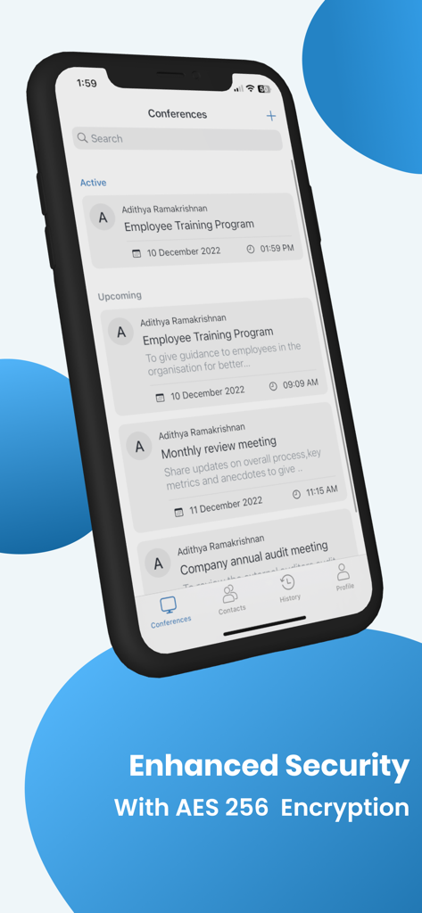 Vconsol iMeetモバイルアプリインターフェース、今後のビジネスミーティングと強化されたAES 256暗号化セキュリティ機能を表示