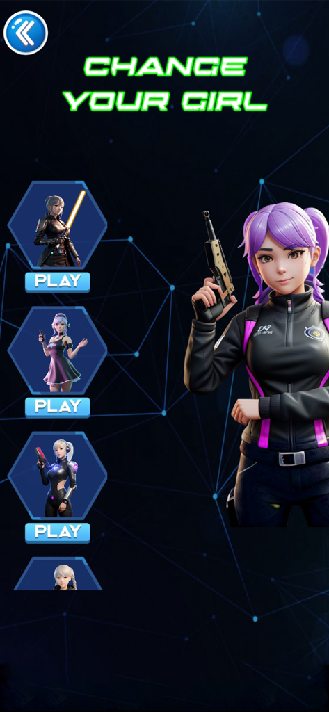 Gun Trick Simulator - Character selection menu in Gun Trick Simulator featuring various anime girls in tactical gear.
