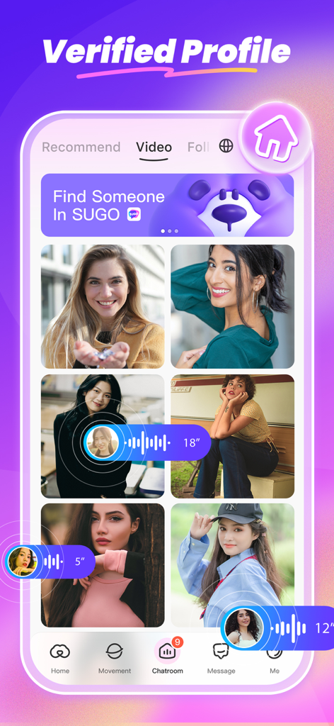 Interface of SUGO app showing verified user profiles and voice chat features